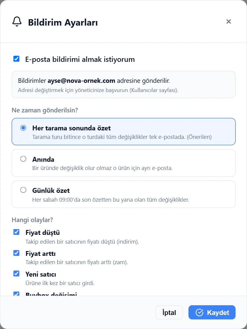Bildirim Ayarları penceresi