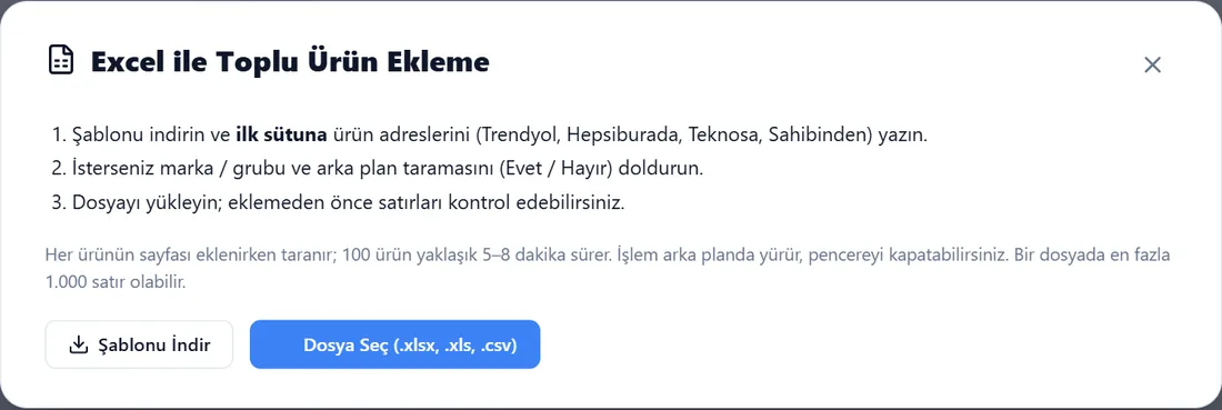 Excel ile Toplu Ürün Ekleme penceresi