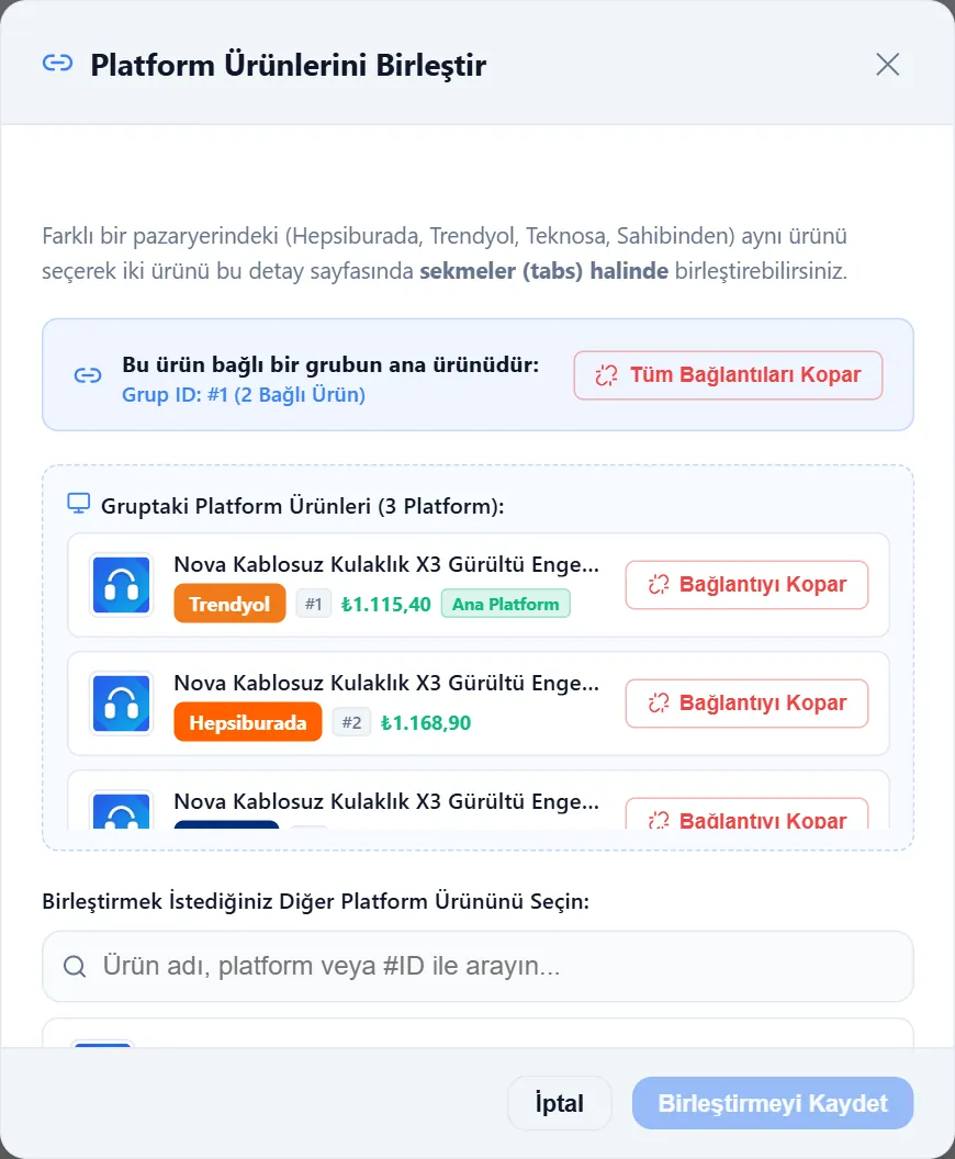 Platform Ürünlerini Birleştir penceresi
