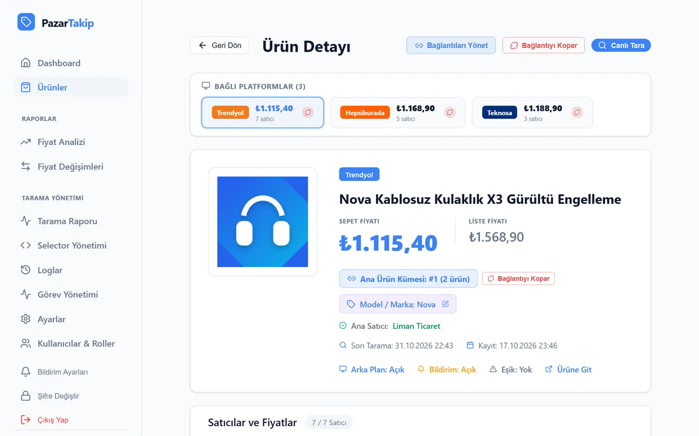 Ürün detayı: bağlı platform sekmeleri, buybox fiyatı ve ürün bilgileri